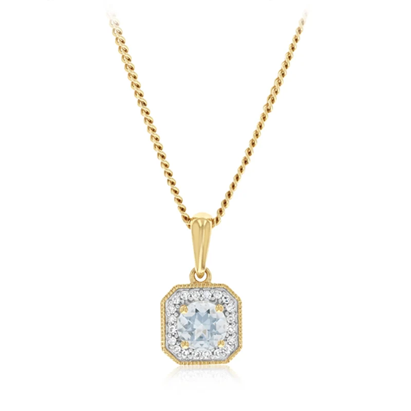 Created Aquamarine and Diamond Pendant in 9ct Yellow Gold