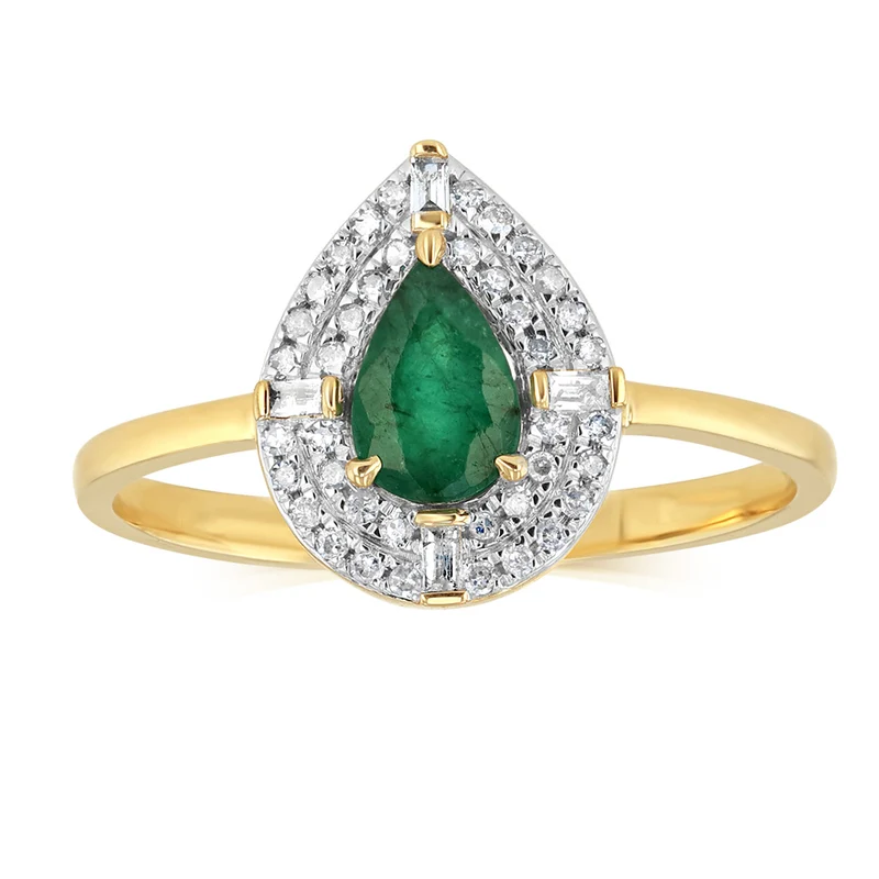 Natural Pear Emerald and Diamond Halo Ring in 9ct Yellow Gold
