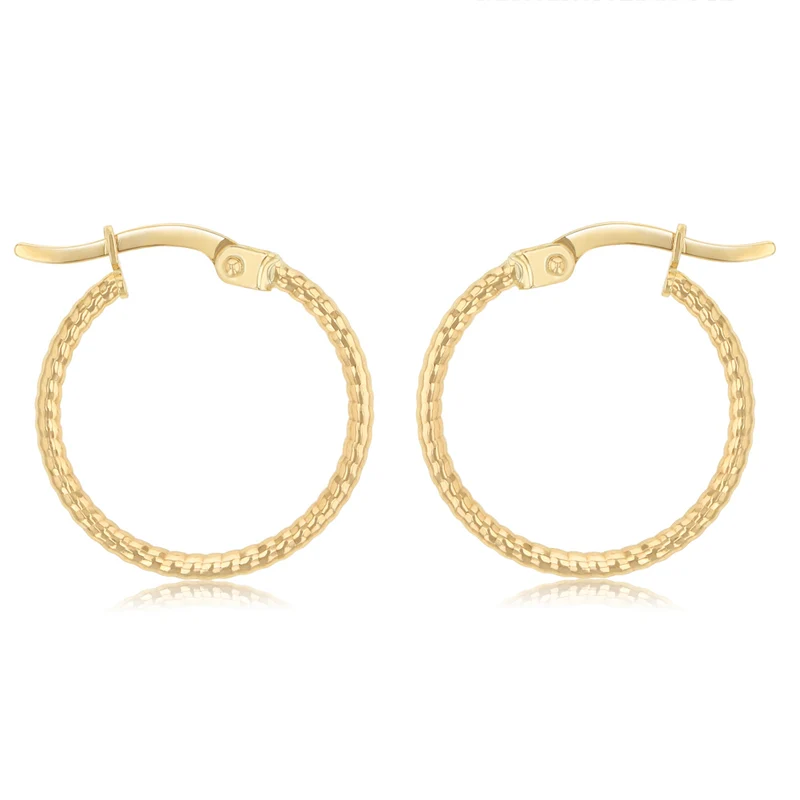 9ct Yellow Gold Grooved 15mm Hoop Earrings
