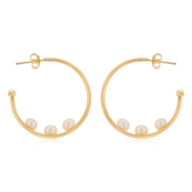 4-5mm White Freshwater Pearl Hoop Earrings in Gold Plated Sterling Silver