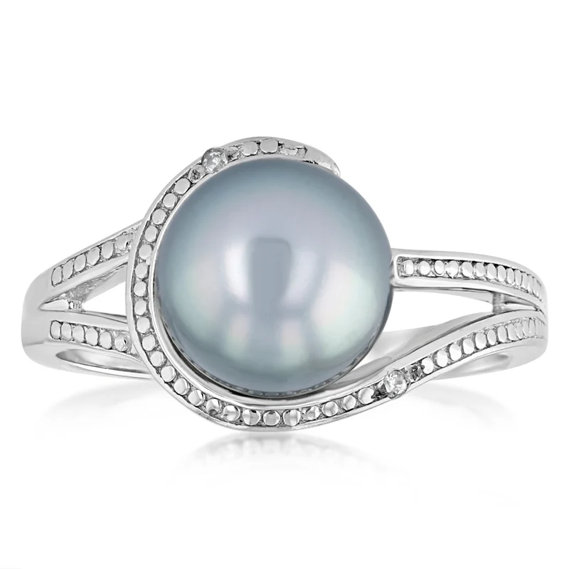 8-9mm Black Tahitian Pearl Diamond Ring in Sterling Silver