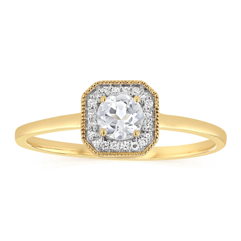 Created White Topaz and Diamond Ring in 9ct Yellow Gold