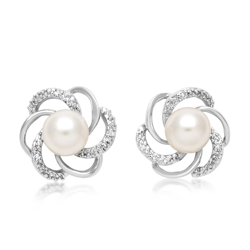 White 6-7mm Freshwater Pearl and Diamond Earrings in Sterling Silver
