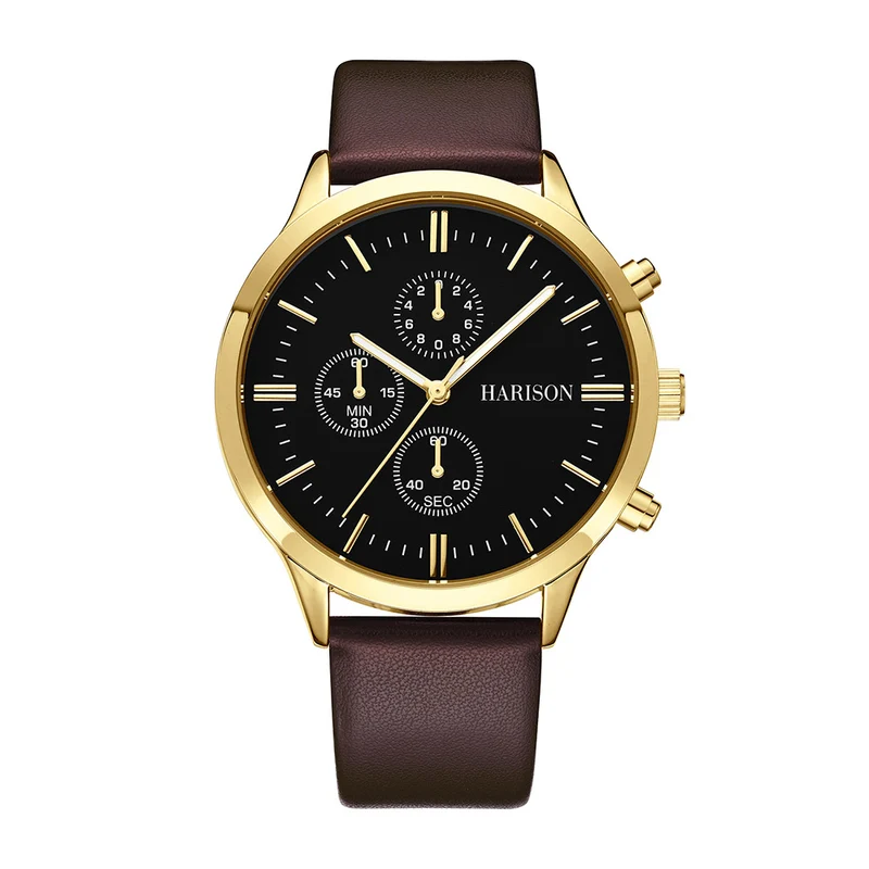 Harison Ezra GH025-YBBR 40mm Brown Leather Watch with Imitation Sub Dials