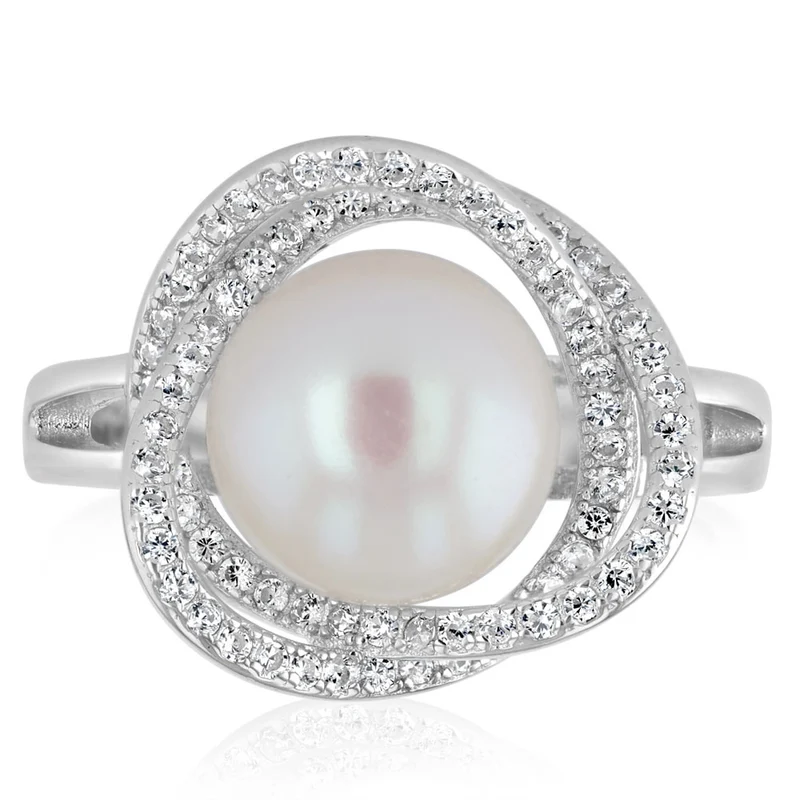 9-10mm White Freshwater Pearl and Cubic Zirconia Ring in Sterling Silver