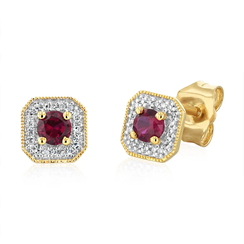 Created Ruby and Diamond Stud Earrings in 9ct Yellow Gold