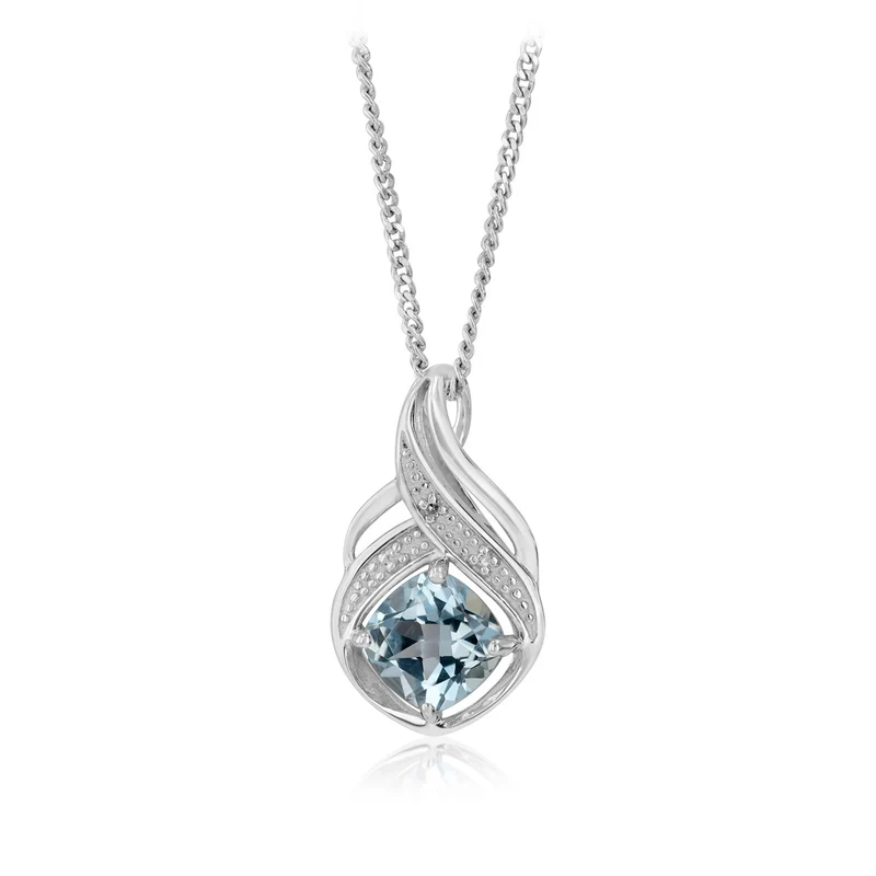 Natural Sky Blue Topaz & Small Diamond Pendant in Sterling Silver
