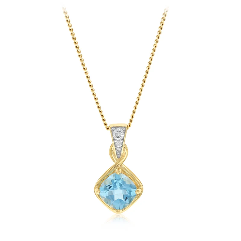 Swiss London Blue Topaz and Diamond Pendant in 9ct Yellow Gold