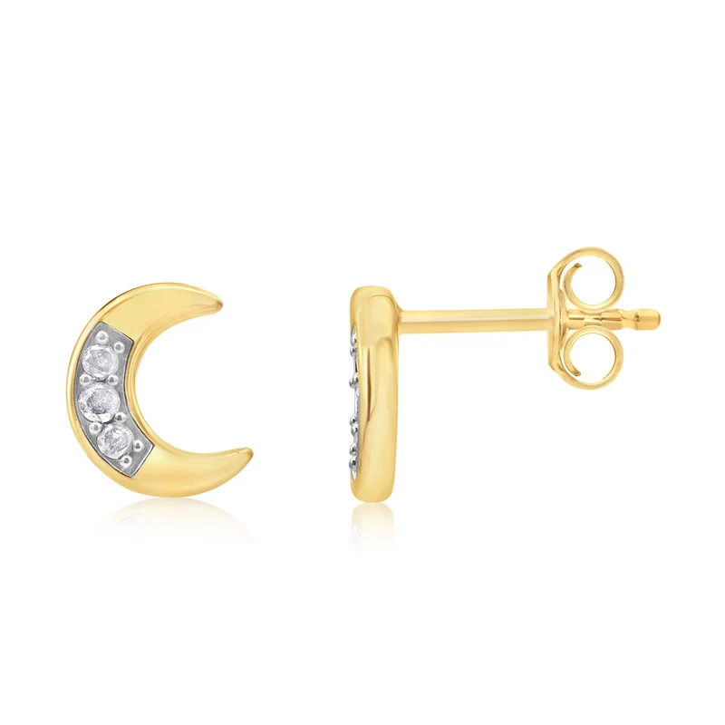 Diamond Half Moon Stud Earrings in Gold Plated Sterling Silver