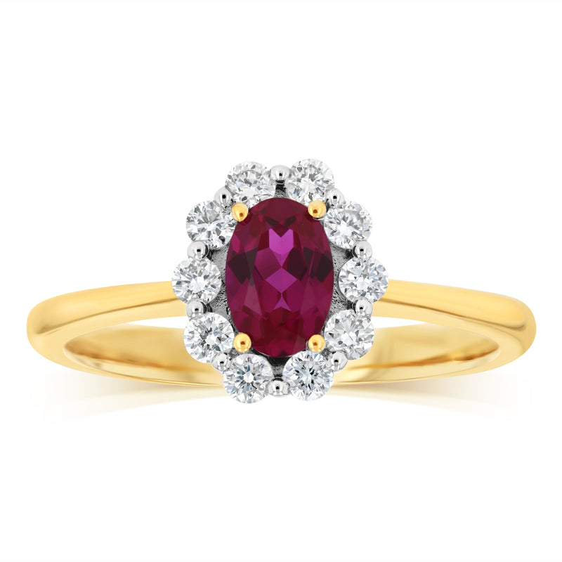 0.27 Carat Luminesce Lab Grown Diamond and Created Ruby Ring in 9ct Yellow Gold