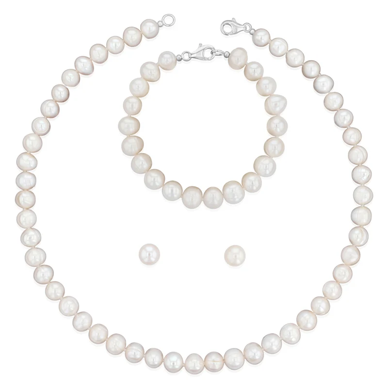 White Freshwater Pearl Bracelet, Necklace & Earring Set with Sterling Silver Clasp