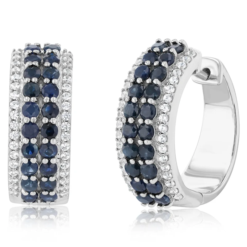 3.20 Carat Natural Blue Sapphire and White Cubic Zirconia Hoop Earring in Sterling Silver