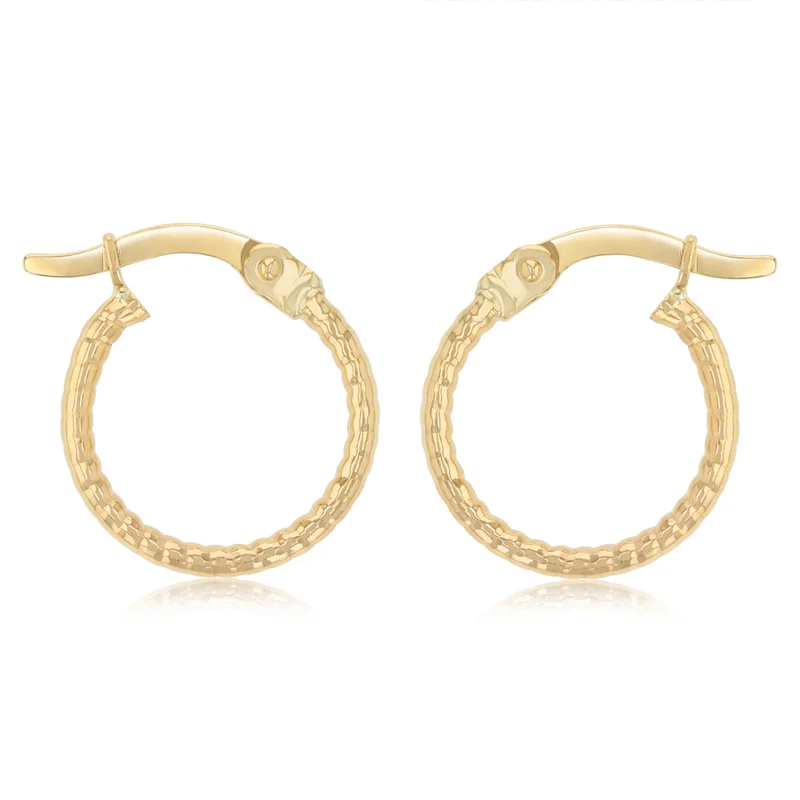 9ct Yellow Gold Grooved 10mm Hoop Earrings
