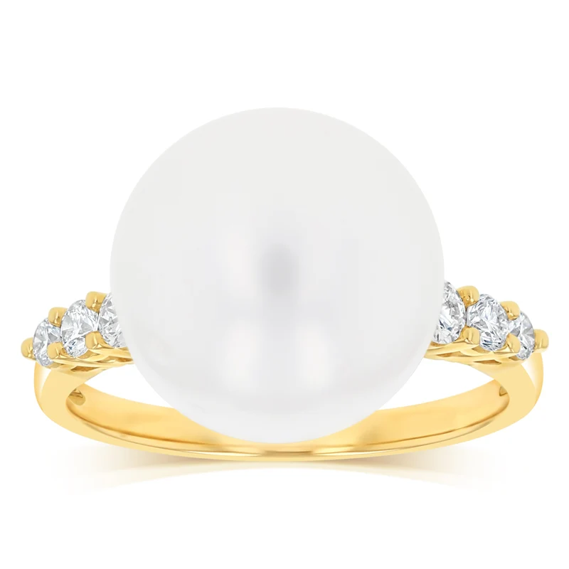 Luminesce Lab Grown 1/4 Carat Diamond and White South Sea Pearl Ring in 9ct Yellow Gold