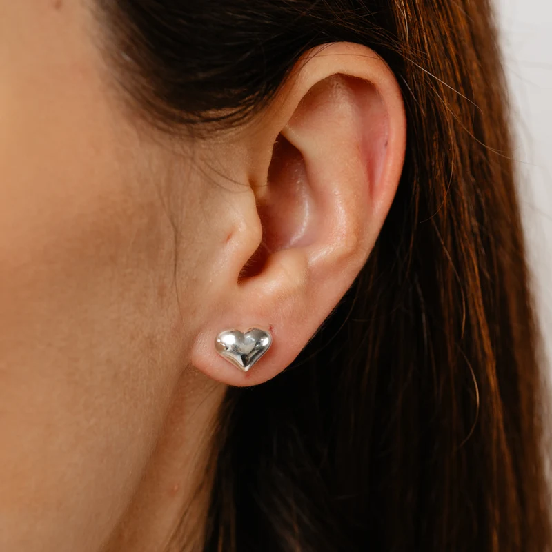 Puffed Heart Stud Earrings in Sterling Silver