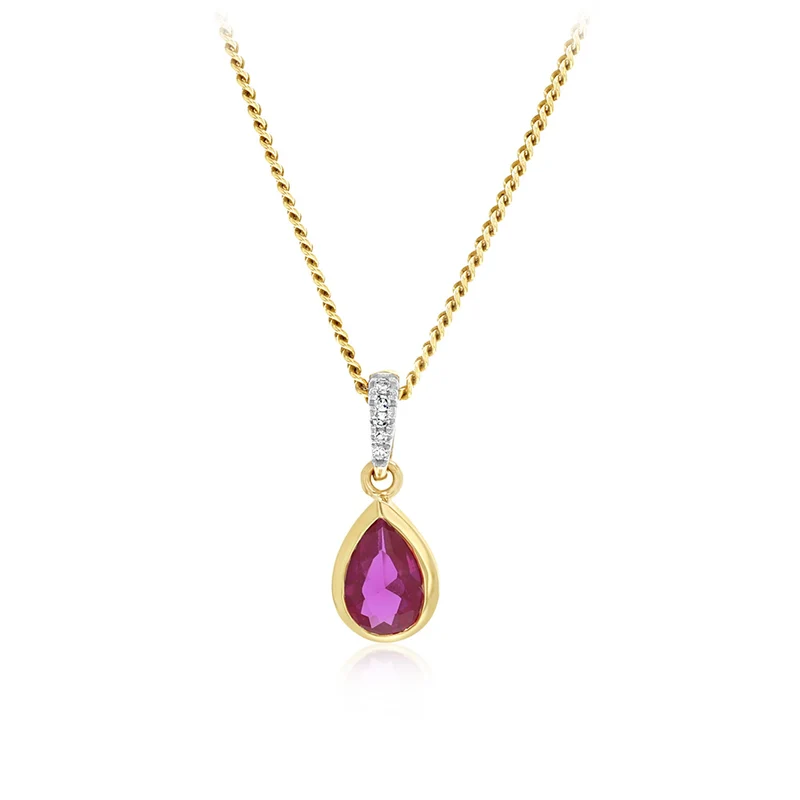 Created Ruby and Diamond Pendant in 9ct Yellow Gold