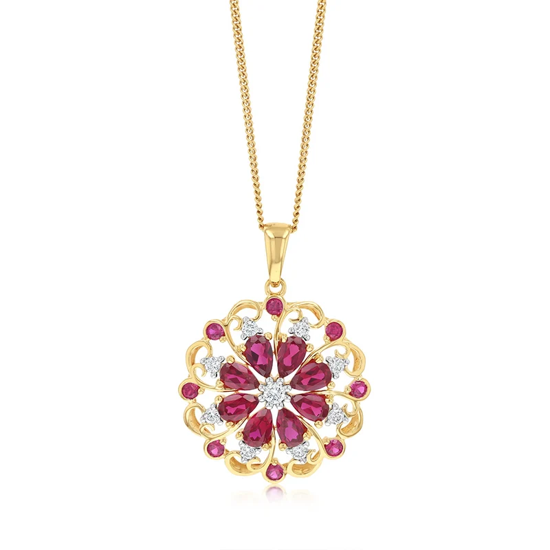 Luminesce Lab Grown 3.90 Carat Created Ruby with 0.25 Carat Diamond Pendant in 9ct Yellow Gold