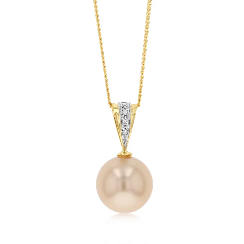 11-12MM Golden South Seal Pearl Pendant with 3 Diamonds in 9ct Yellow Gold on 45cm Chain