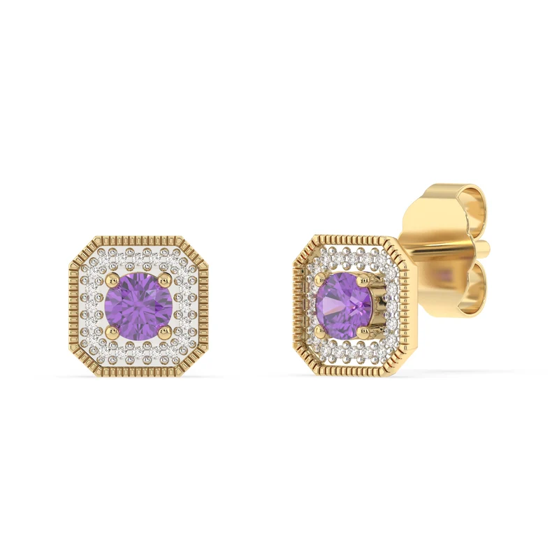 Created Amethyst and Diamond Stud Earrings in 9ct Yellow Gold