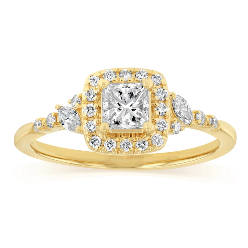 1.14 Carat Diamond Ring with Princess Cut Centre Diamond Surrounded by Brilliant and Marquise Diamonds in 14ct Yellow Gold