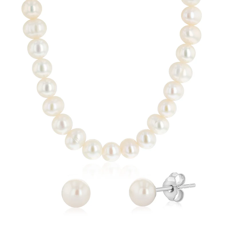 5-6mm White Freshwater Pearl Chain and Earrings Set in Sterling Silver