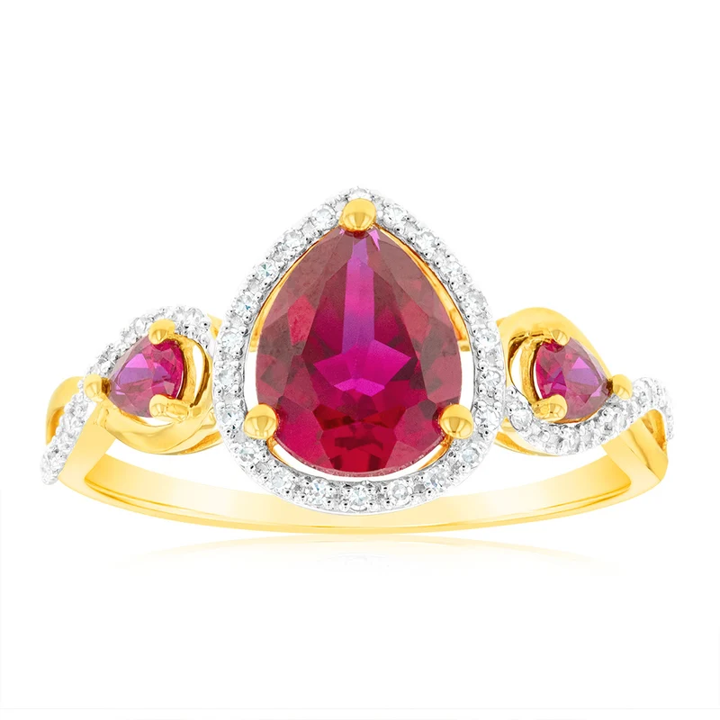 9ct Yellow Gold Created Ruby and 1/10 Carat Diamond Ring
