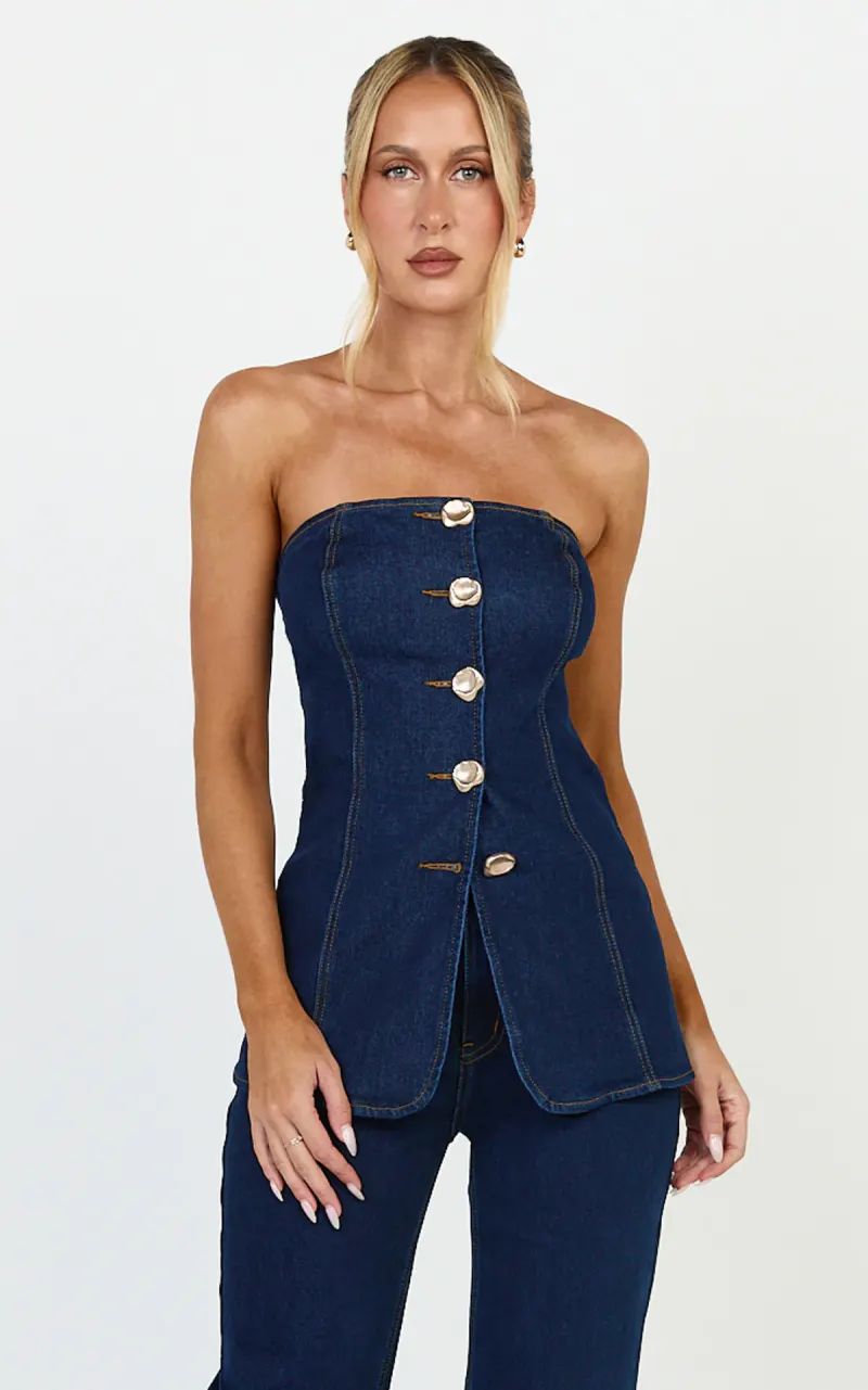 Phoebe Top - Strapless Button Down Stretch Denim Top in Dark Blue Wash
