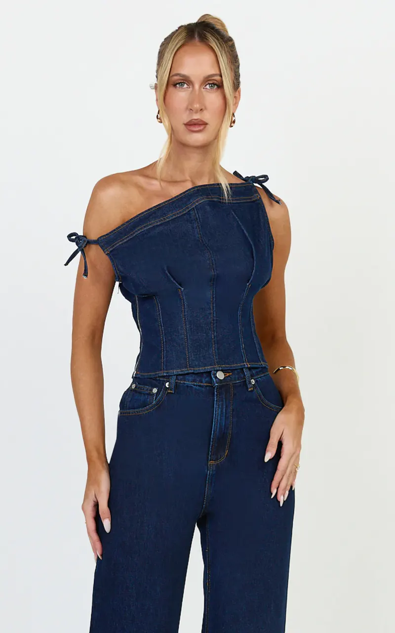 Ivy Top - Asymmetrical Neckline Tie Detail Stretch Denim Top in Dark Blue Wash