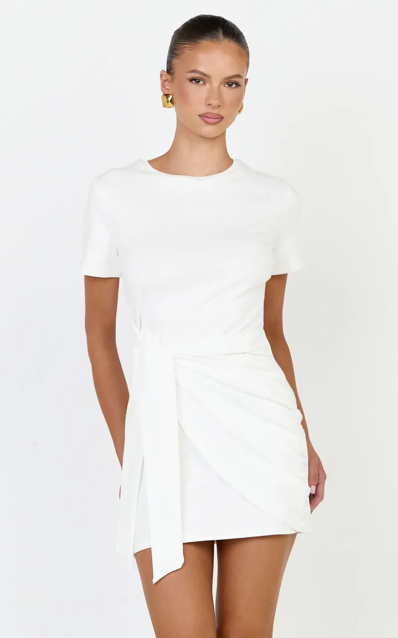 Candace Mini Dress - Faux Wrap Shift Dress in White