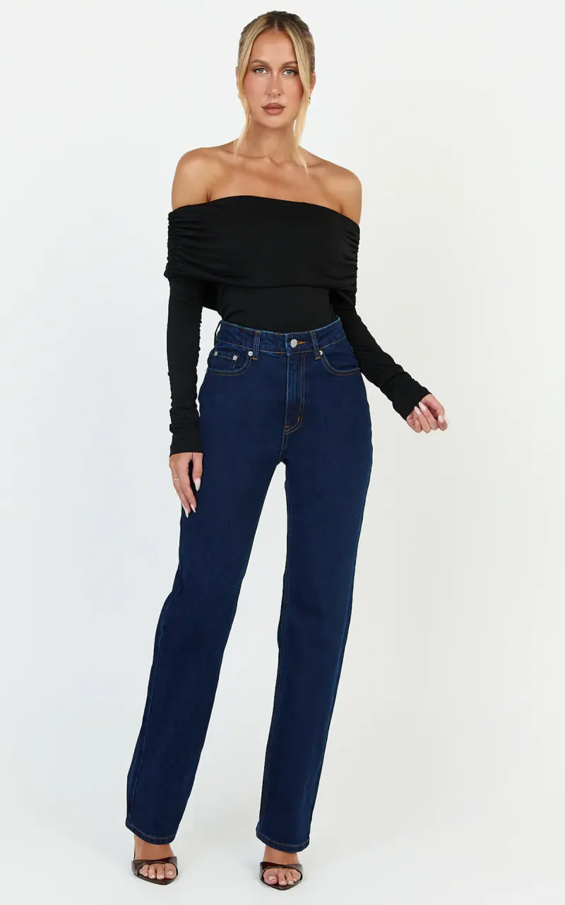 Phoebe Jeans - High Waist Straight Leg Stretch Denim Jeans in Dark Blue Wash