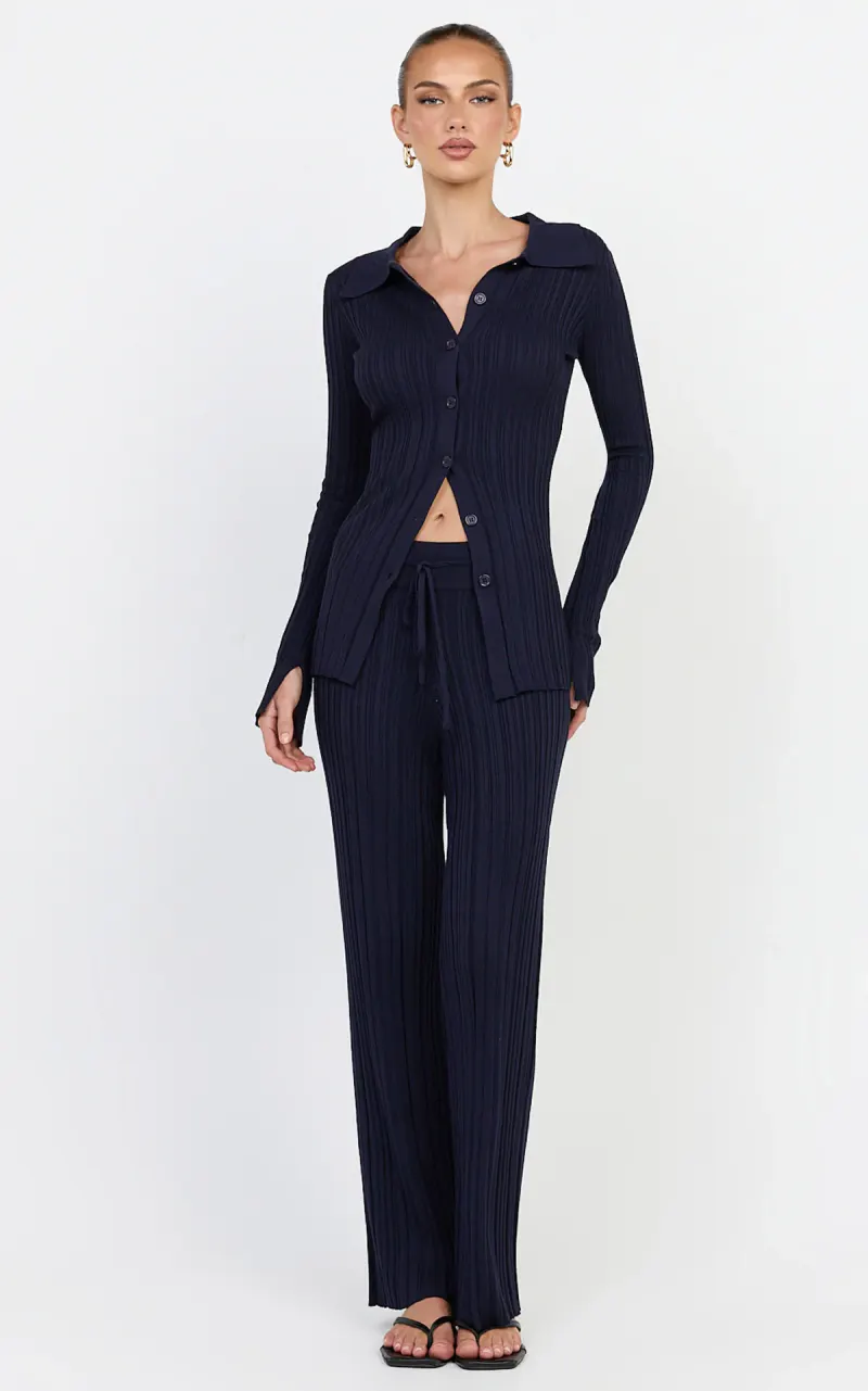Kelsey Top - Button Through Long Sleeve Knit Top in Navy