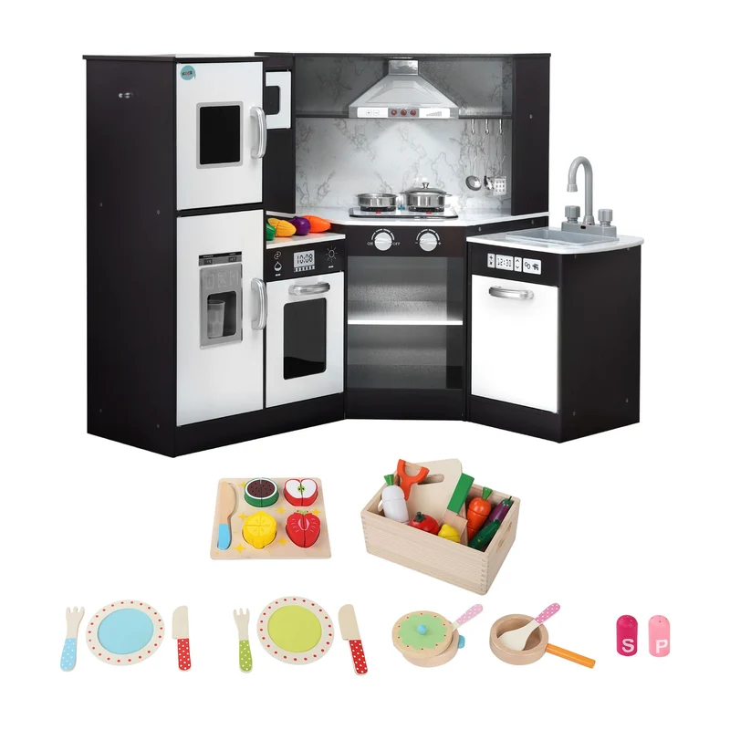 Keezi Kids Wooden Kitchen Playset 29pc Food Set Black White