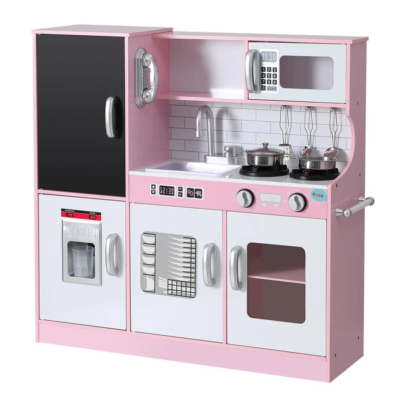 Keezi Kids Wooden Pretend Kitchen Play Set Cooking Toys Pot Ice Cup Oven Blackboard 80CM Pink