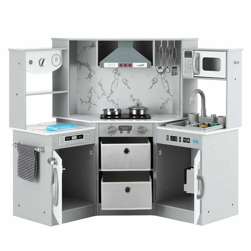 Keezi 112cm Wooden Pretend Kitchen Playset Kids Toy Sink Stove Grey