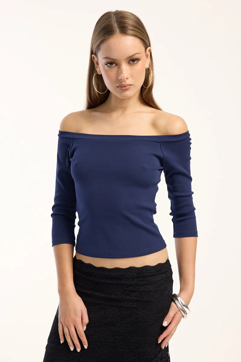 L&t Indi Off Shoulder 3/4 Sleeve Top Ink