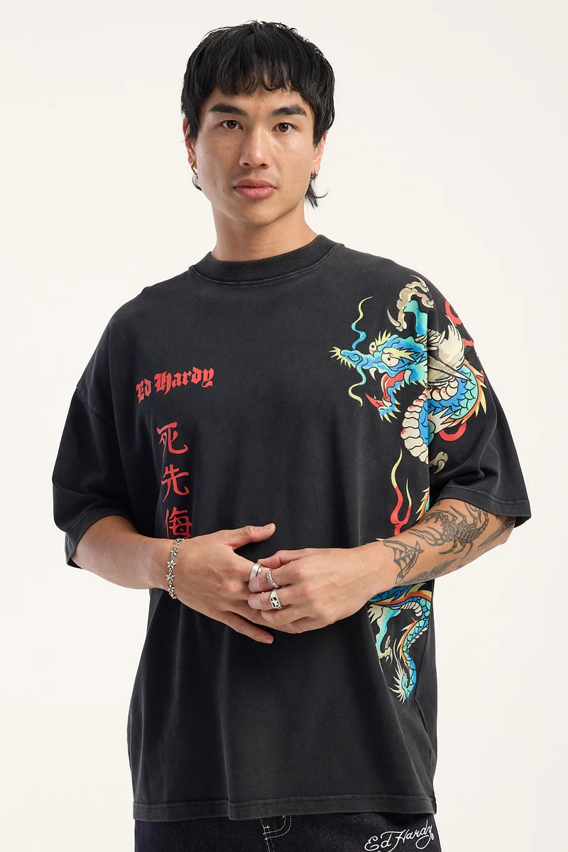 Ed Hardy Fireborn Boxy Tee Washed Black