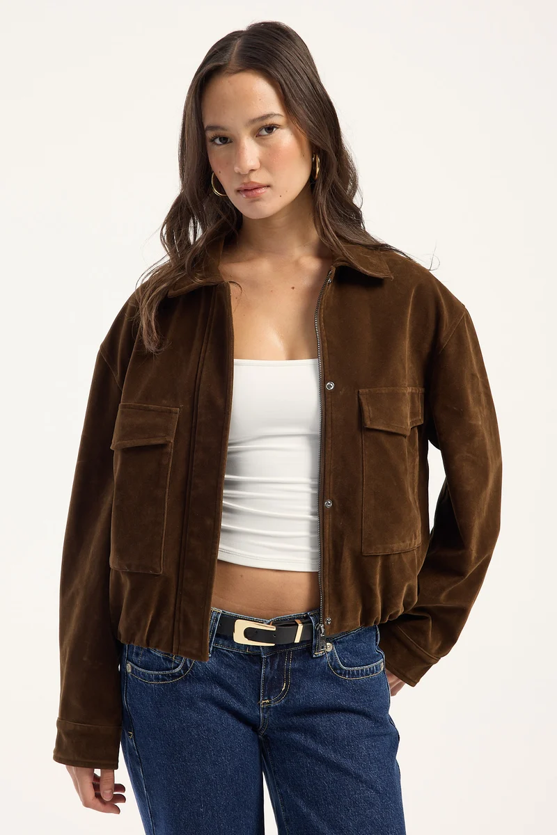 Luck & Trouble Lenni Suede Faux Leather Jacket Coffee Brown