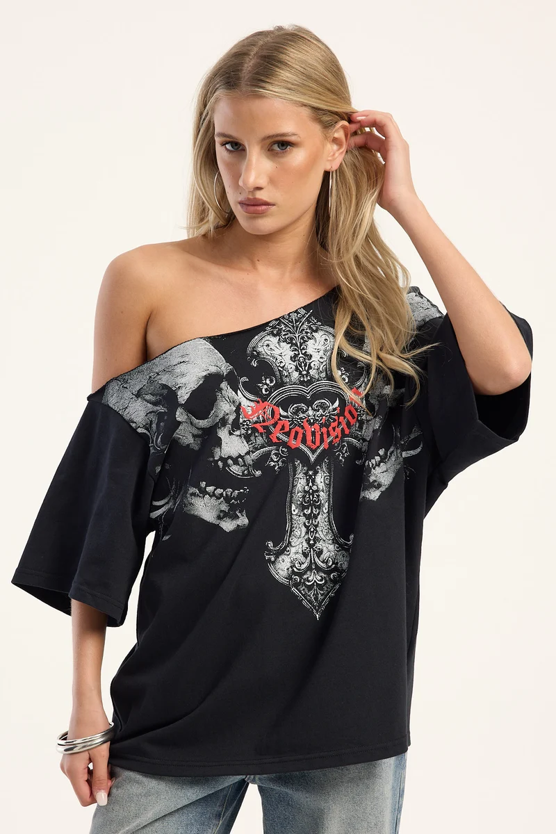 Neovision Reckoning Off Shoulder Relaxed Tee Black