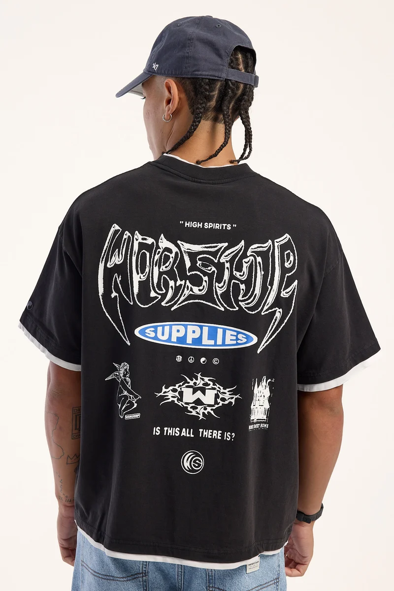 Worship Is This It Box Fit Cropped Layer Tee Washed Black