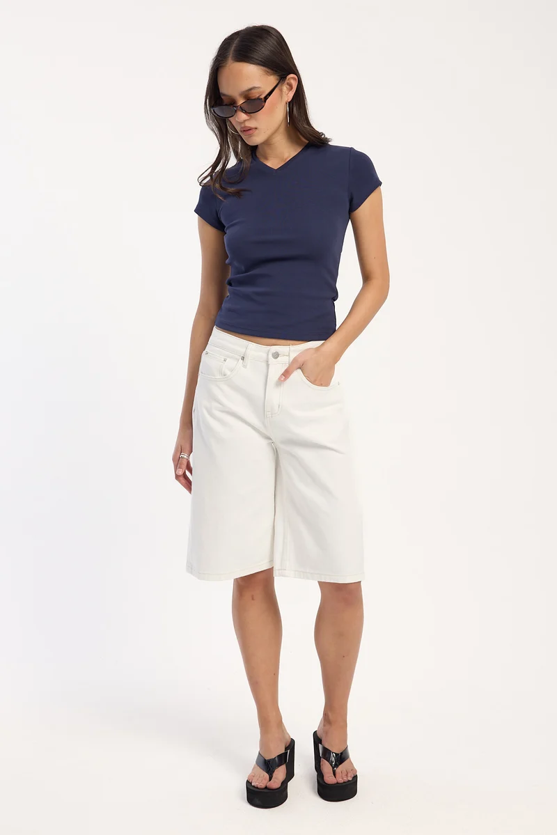 Perfect Stranger Mid Rise Denim Longline Short Off White