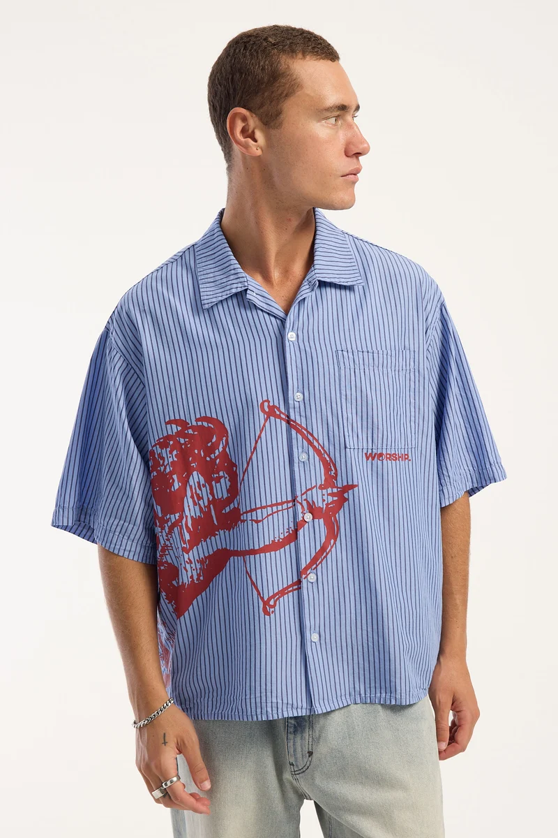 Worship Cherub Crop Box Short Sleeve Shirt Blue Stripe