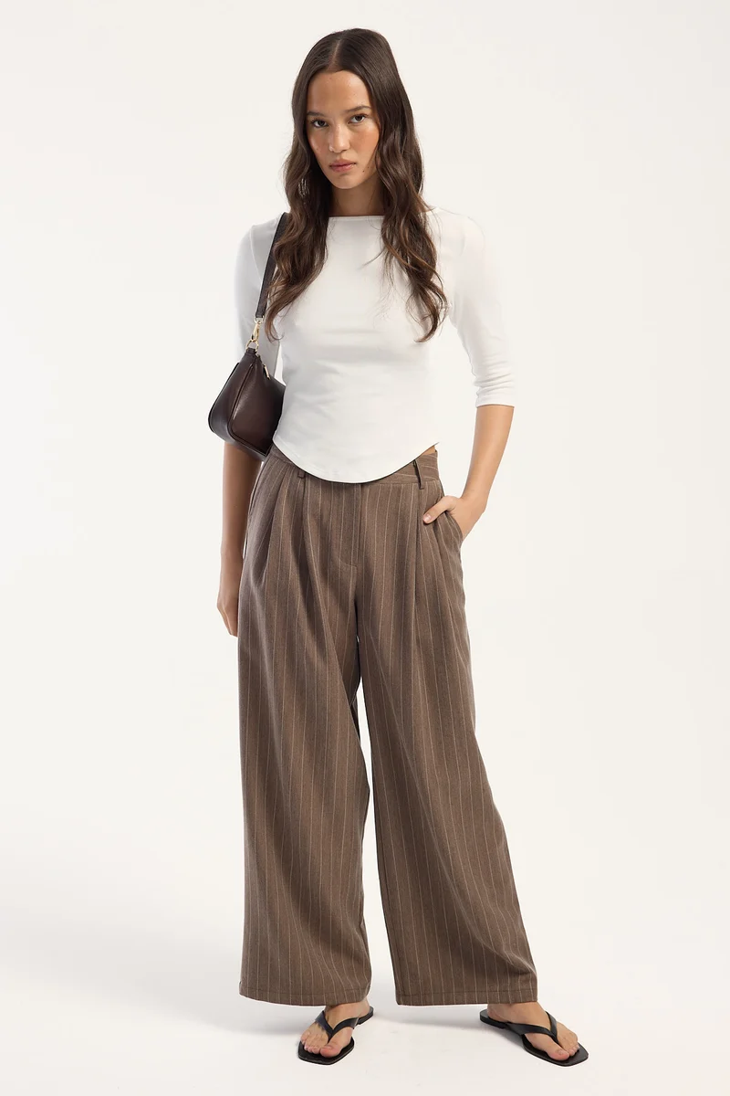 Luck & Trouble Cadence Mid Rise Wide Leg Pant Brown Pin Stripe