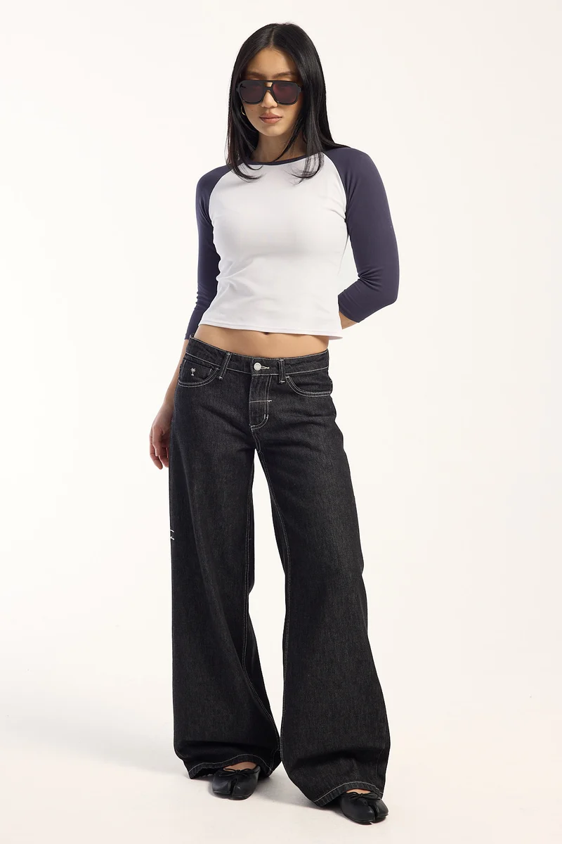 Thrills Hunter Low Rise Wide Leg Jeans Raw Black