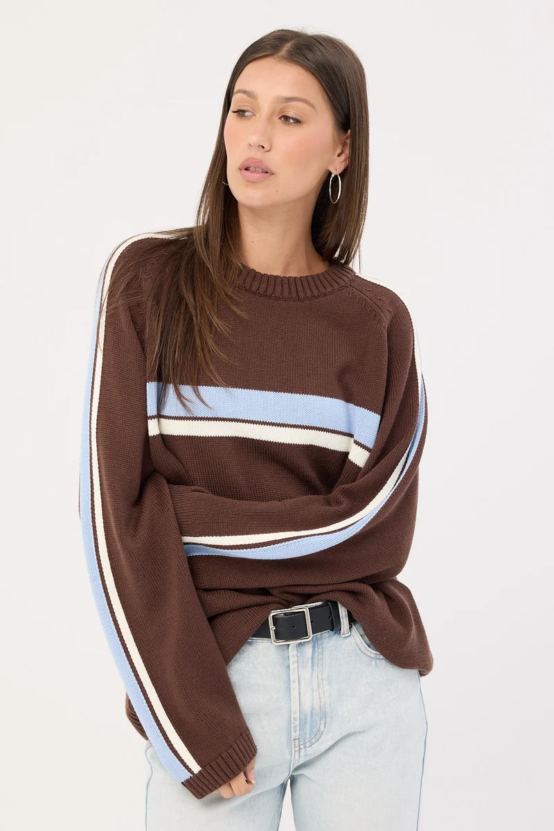 Rusty White Lines Long Sleeve Crew Neck Knit Java
