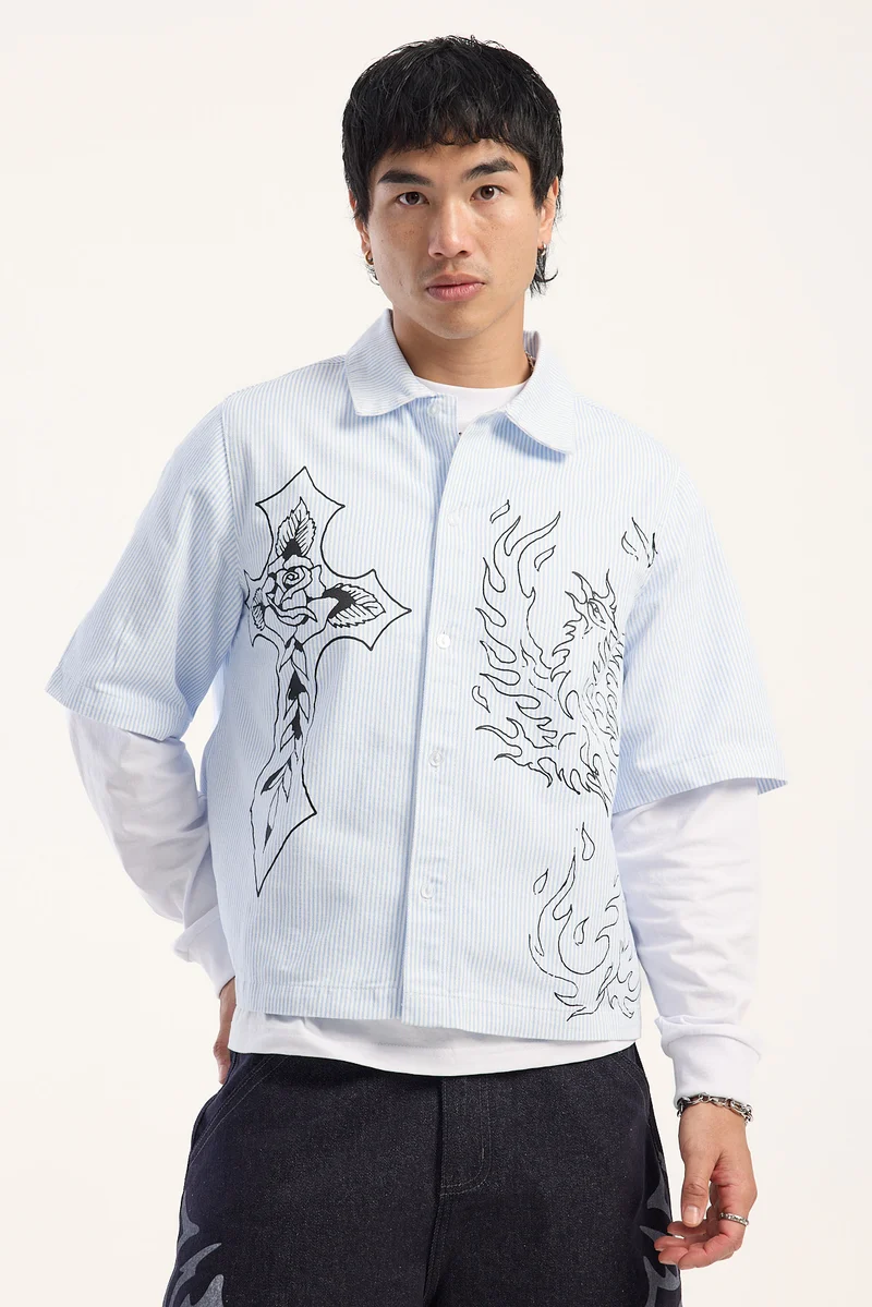 Ed Hardy Ghost Tattoo Boxy Shirt Blue Pinstripe