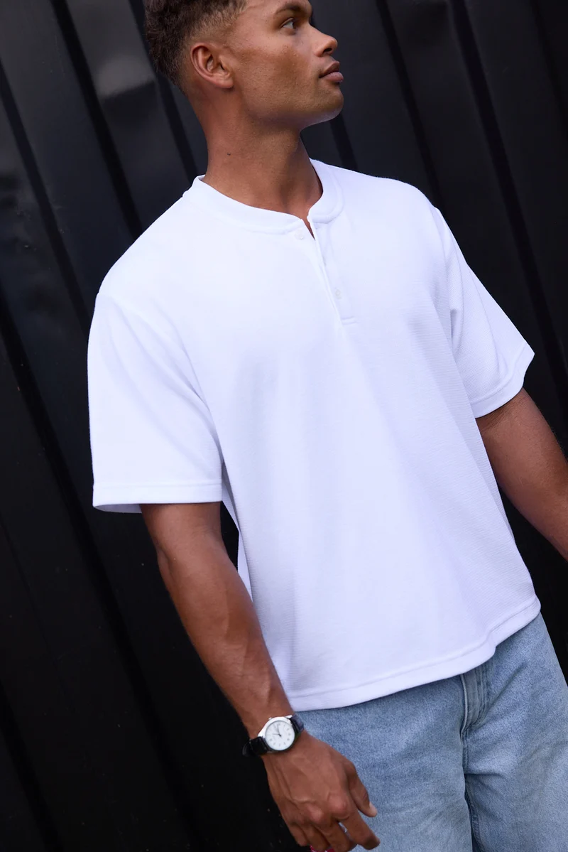 Common Need Raymond Waffle Henley Signature Tee White