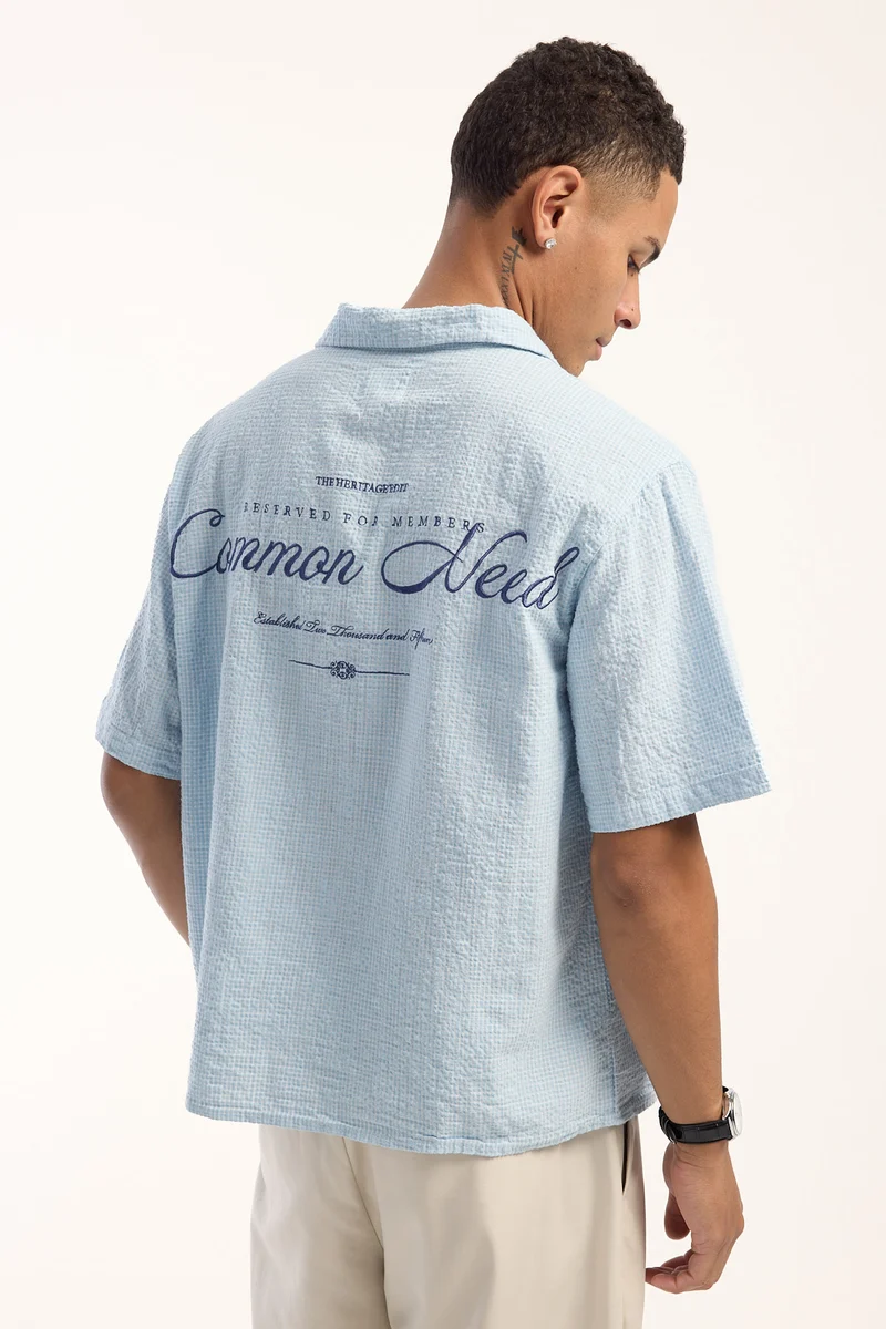 Common Need Terrence Boxy Cropped Resort Shirt Light Blue/White Check