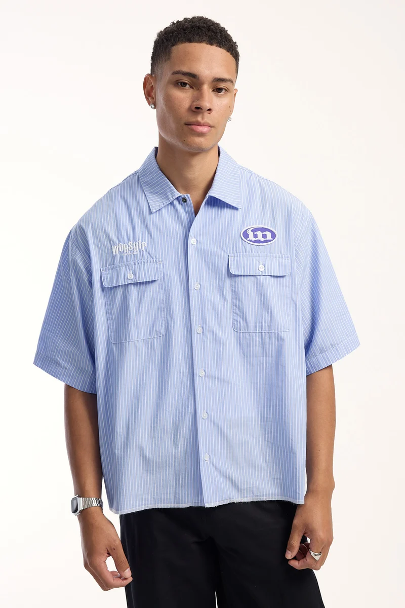 Worship Morality Box Crop Short Sleeve Work Shirt Light Blue