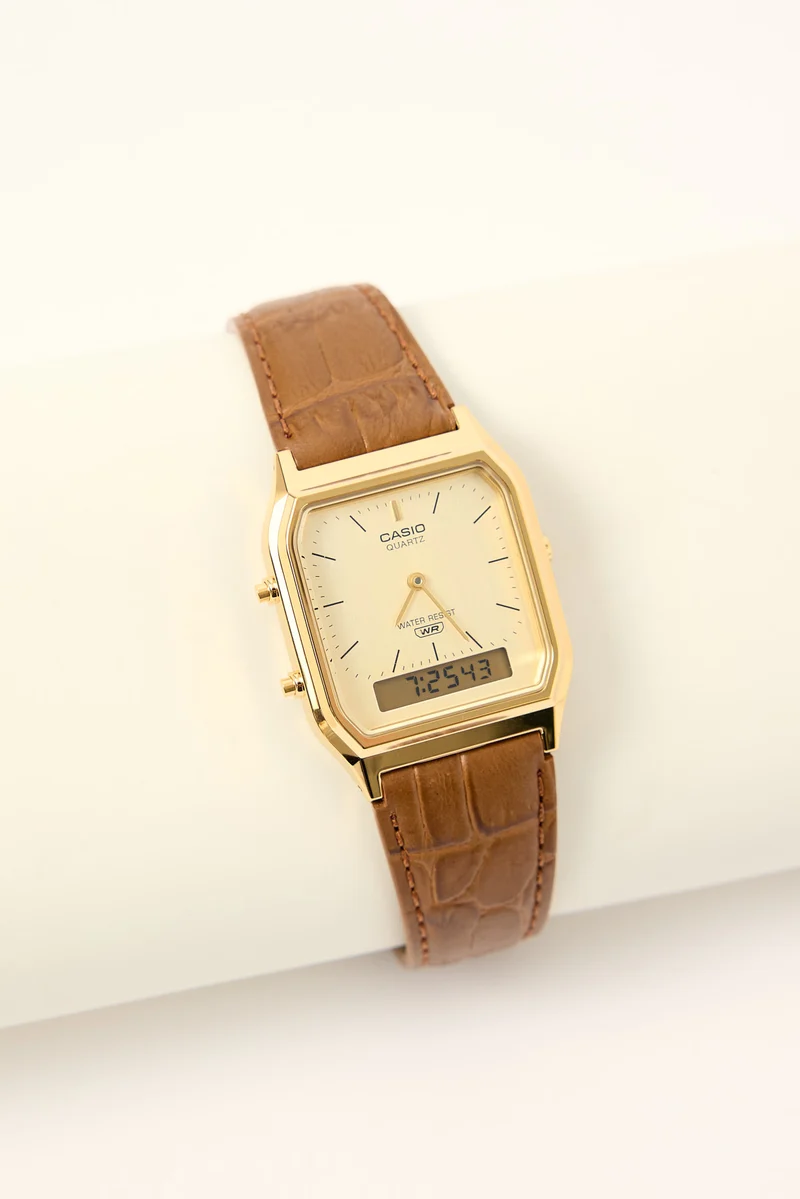 Casio AQ230EGL-9 Duo Watch Gold/Tan Croc Faux Leather Strap