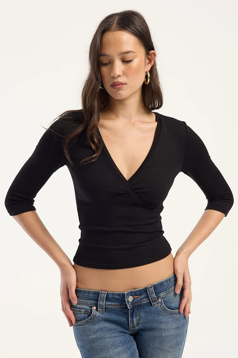 L&t Claudia 3/4 Sleeve V Neck Top Black